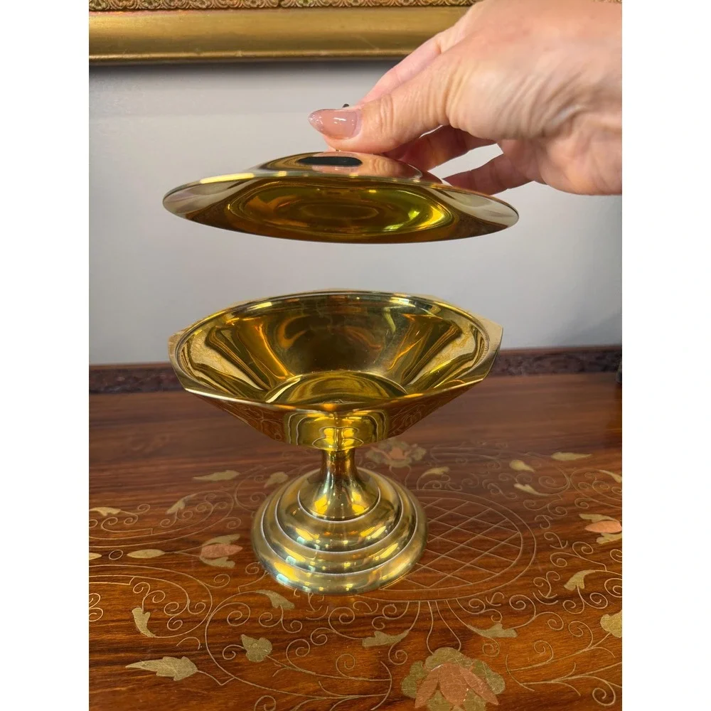 Vintage Solid Brass Lidded Pedestal Bowl • Octagonal Compote